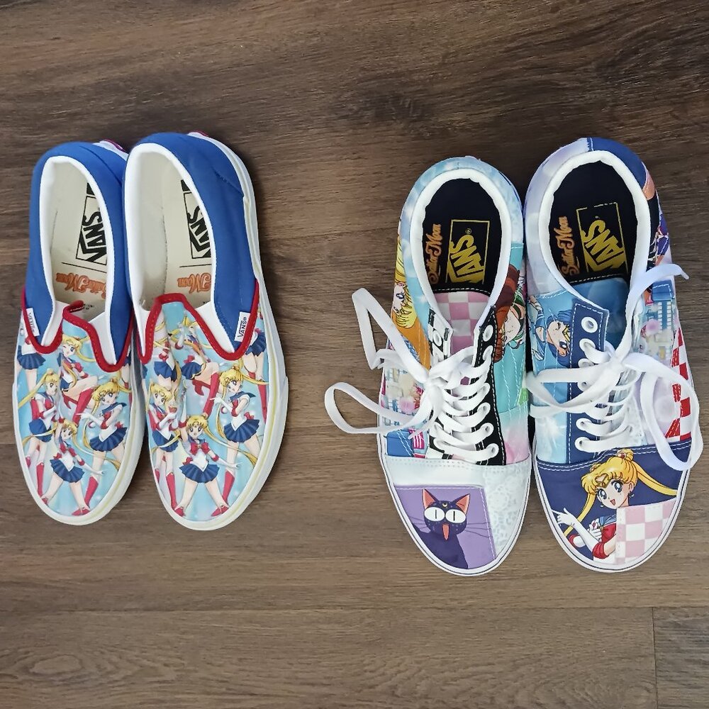 RARE LOT 2 VANS X SAILOR MOON CUSTOM SLIP ON OLD SCHOOL ANIME 90S 9.5 M 11 W GUC